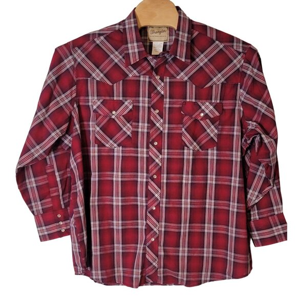Wrangler‎ Western Shirt Pearl Snap Size XXL Men's Red White Plaid Long Sleeves - Picture 2 of 6